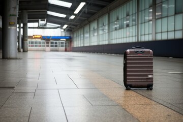 a suitcase left alone in a bus terminal - obrazy, fototapety, plakaty