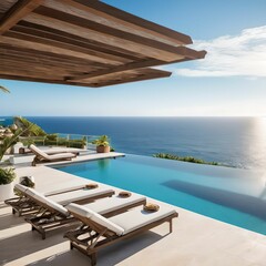 Fototapeta premium A resort with a blue sky and a beautiful sea. A cot, a pool and a terrace. Generative AI