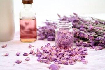 Obraz na płótnie Canvas bundled dried lavender flowers lying next to a bath of rose water