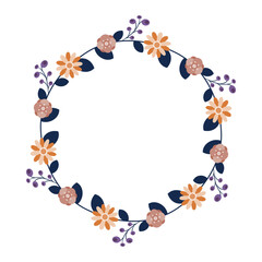 Round frame contour wreath with herbs and flowers isolated on white. Round frame Seamless pattern brush for your posters, designs, greeting cards, and wedding announcements