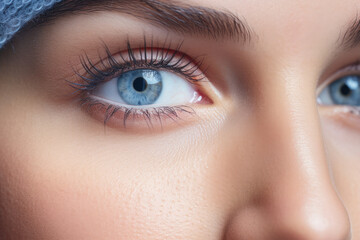 Naklejka premium close eye closeup of a young woman with long eyelashes. Eyelash extensions. eyebrows