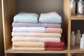 Fototapeta na wymiar rolled towels arranged on a shelf