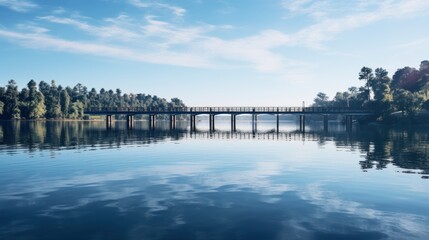 A serene bridge stretches across calm waters, creating a perfect mirrored reflection below
