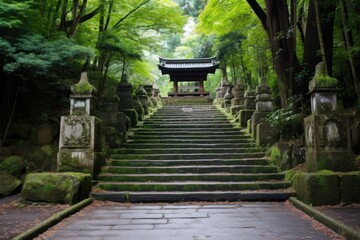 long stone steps leading up to a shinto shrine