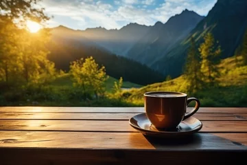 Deurstickers Dark mug of hot coffee or tea on wooden table in the morning with mountain and green nature blur background © Vovmar