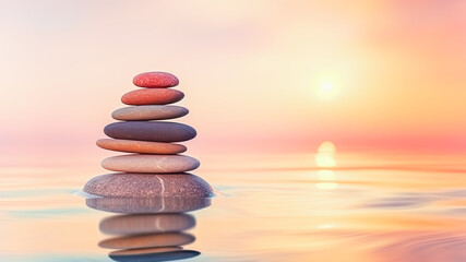 Obraz premium Harmony of nature, healing and mental health concept. Colorful stones on mirror-like surface of water on sunset background, symbolizing tranquility and unity with nature. Copy space