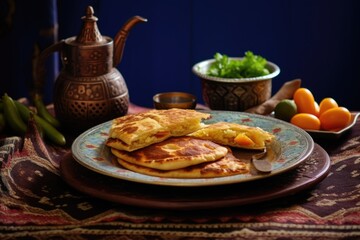 moroccan breakfast with msemen, a type of square pancake - obrazy, fototapety, plakaty