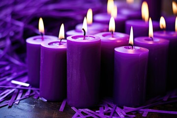 close-up of purple lenten candles on an altar