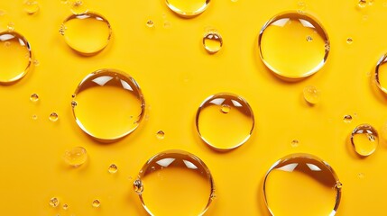 Round drops of transparent serum gel on yellow background.