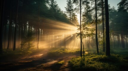 Golden sun rays pierce through the mist of a pine forest
