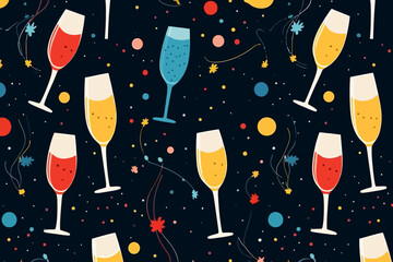 Champagne toast quirky doodle pattern, wallpaper, background, cartoon, vector, whimsical Illustration