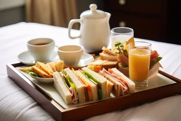 Foto op Plexiglas anti-reflex hotel room service tray with sandwiches and coffee © Alfazet Chronicles