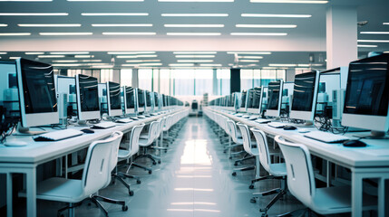 Rows of computers align in a school lab, awaiting students to engage in digital learning