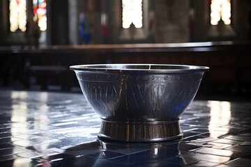 a christian baptismal font with holy water - obrazy, fototapety, plakaty