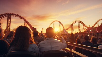 People cheering and enjoying a roller coaster ride at the amusement park with sunset in the...