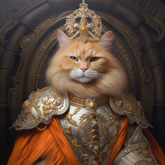 Portrait Fantasy orange Persian cat with orange silk and armor