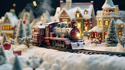 Festive Scene with Vintage Toy Train and Decorated Christmas Tree