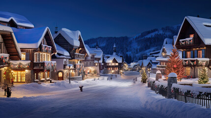 Quaint Snow-Covered Village with Charming Cottages and Christmas Tree - obrazy, fototapety, plakaty