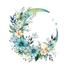 Fototapeta na wymiar Watercolor floral Moon with greenery on a white background.