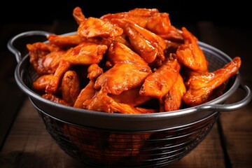 close-up of a basket filled with spicy chicken wings