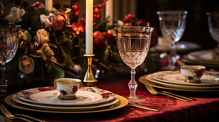 Beautifully Arranged Holiday Table with Fine China Crystal Glasses and Candlelight