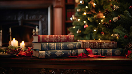 Close-up of a stack of holiday-themed books spines adorned with intricate illustrations near a festively decorated fireplace - obrazy, fototapety, plakaty