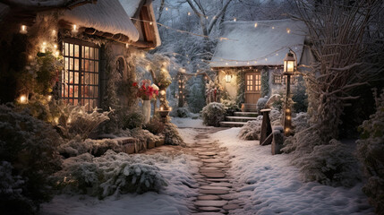 Fototapeta na wymiar Snow-covered garden path lined with luminous lanterns leading to a warmly lit cottage adorned with wreaths and garlands