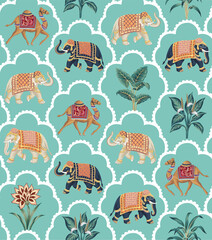 Indian tale with elephant, camel, plant and flower seamless pattern. Oriental wallpaper. - 663196427