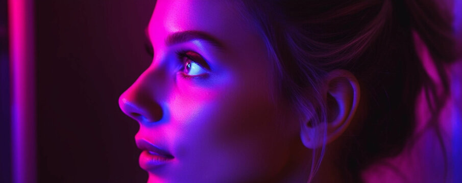 Female portrait in neon color indoors, person with purple, blue, red and pink light, Woman photo, lifestyle concept photography with multi coloured lights and colors
