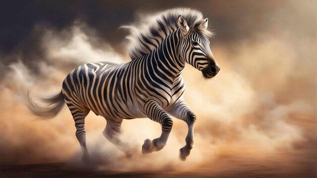 A zebra running in the wild with dust blowing.
