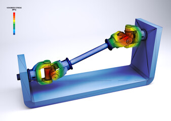 Vue 3D isométrique de la contrainte de Von Mises d'un cardan de transmission mécanique sur un dessin technique d'ingénierie - obrazy, fototapety, plakaty