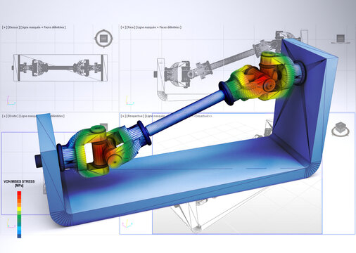 Vue 3D isom&eacute;trique de la contrainte de Von Mises d'un cardan de transmission m&eacute;canique sur un dessin technique d'ing&eacute;nierie, dessin CAO en arri&egrave;re plan