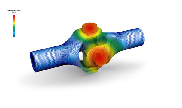 Vue 3D isom&eacute;trique de la contrainte de Von Mises d'un cardan de transmission m&eacute;canique sur un dessin technique d'ing&eacute;nierie