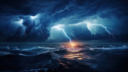 Dark storm clouds gather over the open sea, with lightning bolts illuminating the waters below