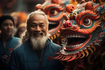Keuken foto achterwand Carnaval Smiling Elderly Dragon Dancer ai generated art