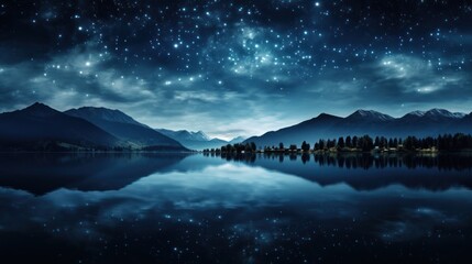 A vast array of stars gleam above, their brilliance mirrored perfectly on a tranquil lake below