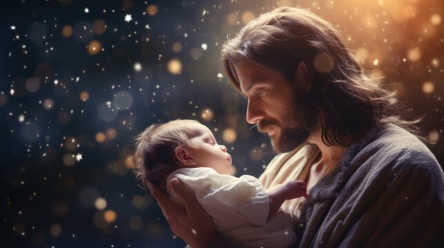Jesus christ holding baby with blur bokeh light background 