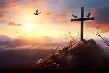 Symbol of faith. Silhouette cross at sunset. Holy resurrection. Easter sunrise. Catholic church sacred. Crucifix rays - obrazy, fototapety, plakaty