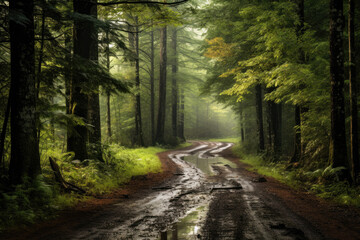 Obraz premium path in the forest. natural disasters. village landslide on the road. stones. difficulty on the road. forest after the rain. natural elements. road flooding. do not pass the car 