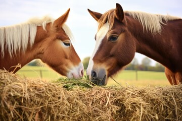 a horse and a goat eating grass from the same haystack - obrazy, fototapety, plakaty