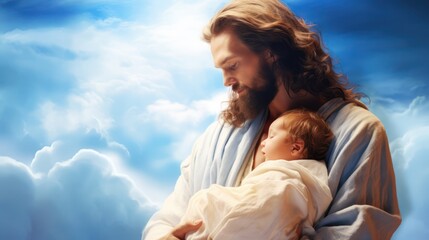 Jesus god holding baby in the cloud 