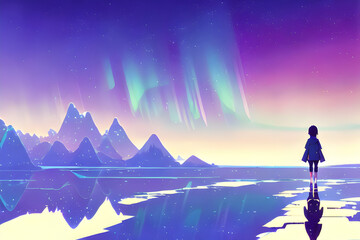 landscape with mountains and aurora. Generative AI