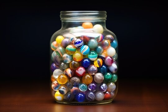 showy marbles of different patterns inside a clear glass jar