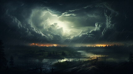 Dark clouds shroud the rainy sky as a natural backdrop. - obrazy, fototapety, plakaty