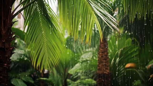 In the low season or monsoon, rain showers a lush garden of palms.