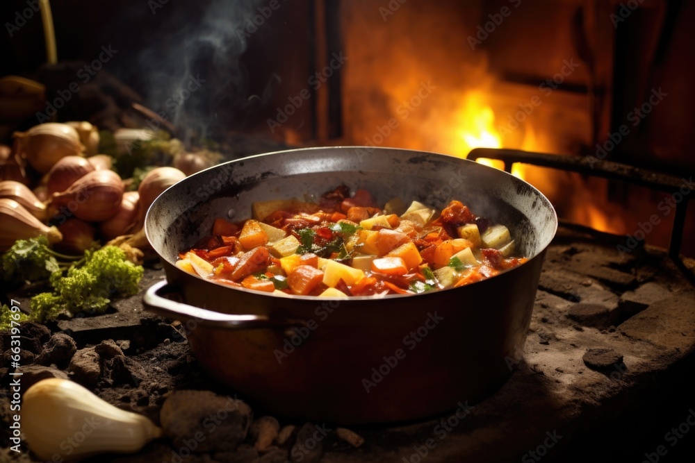 Poster cooking pot full of stew on a rustic kitchen stove