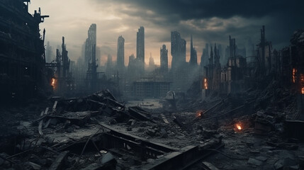 Post apocalyptic city view cityscape. City in ruins. Dystopian future - obrazy, fototapety, plakaty