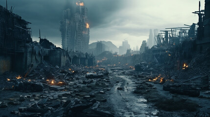 Post apocalyptic city view cityscape. City in ruins. Dystopian future - obrazy, fototapety, plakaty