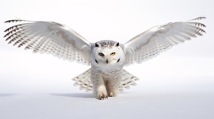 A solitary white-feathered Bubo scandiacus owl swiftly descends from the sky.