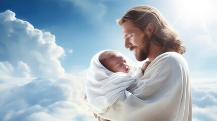 Jesus holding baby with smiling 